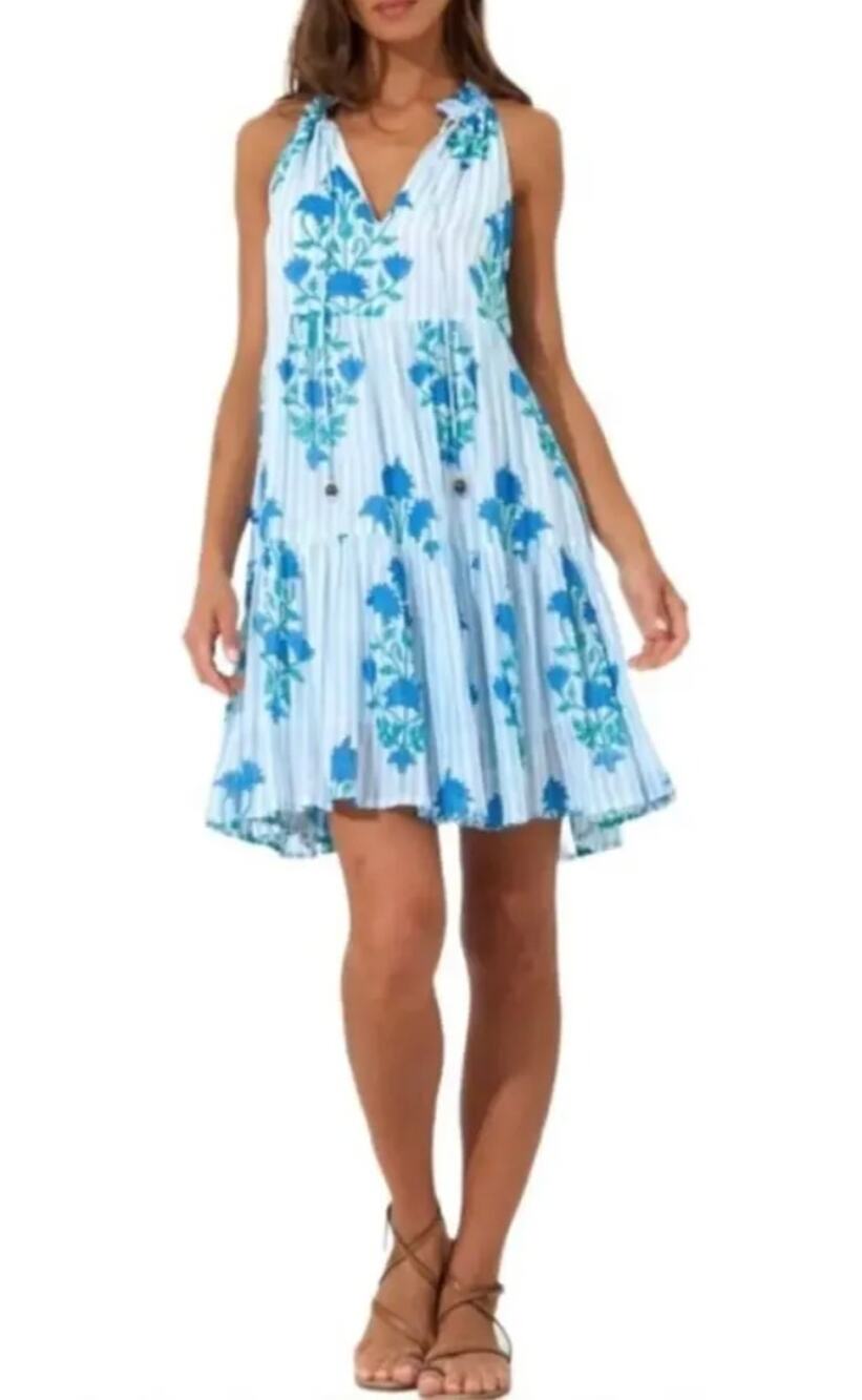 OLIPHANT Tuckernuck Breezy Ruffled Short Tiered Mini Dress Jaipur Blue S